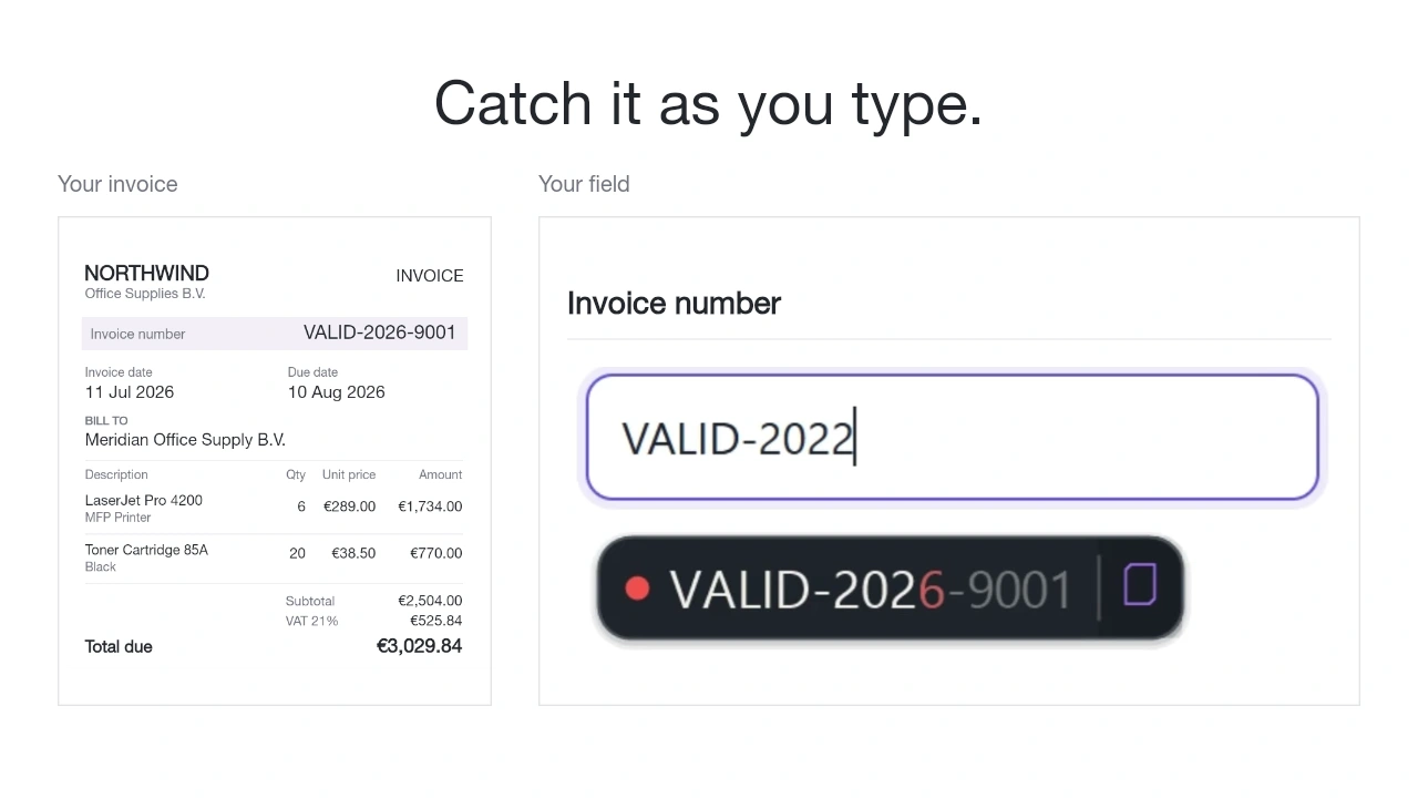 Recorded Form Assist workflow showing the source invoice and active field side by side.