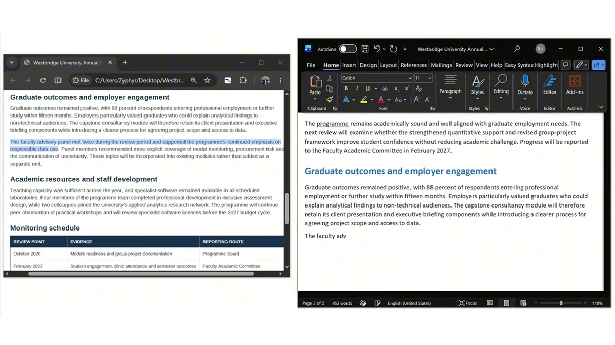 A passage in a browser document is highlighted. The browser and Word appear side by side. As the user writes from that passage in Word, Relayne shows the next words from the source beside the writing.